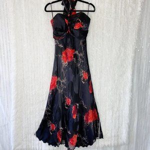 Paraf Sweetheart Halter Maxi Dress Size 12 (42EU) Black Red Floral Satin Jewels